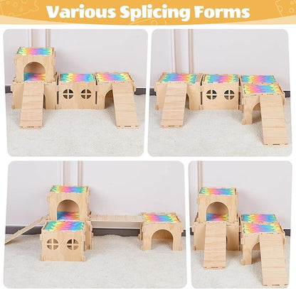 Guinea Pig Hideout, Guinea Pigs House with Stairs and Mats Extra Large Guinea Piggy Castle Detachable Hideouts for Small Animals Wooden Guinea Pig Habitats with Multiple Doors and Windows