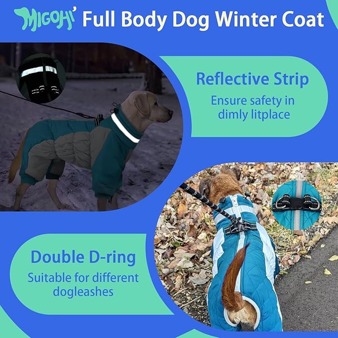 MIGOHI Full Body Dog Coat - Warm Reflective Winter Coat with Harness, Turtleneck Fleece Jacket for Small to Large Dogs - Four-Legged Snowsuit with Zipper