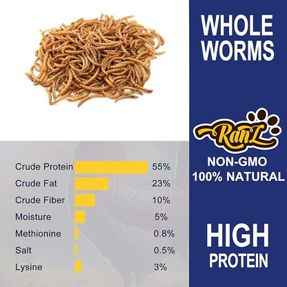 RANZ 20LBS Non-GMO Dried Mealworms for Chickens, High Protein Meal Worms, Premium Chicken Feed, Whole Large Mealworms for Blue Birds, Ducks, Fish