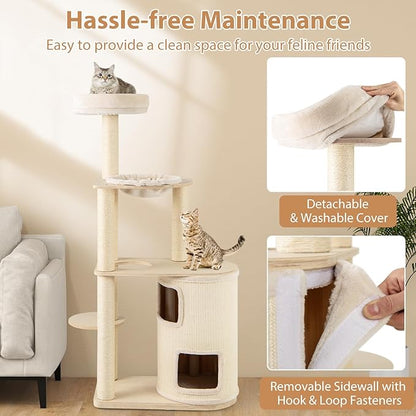 PETSITE 60 Inch Modern Tall Cat Tree for Indoor Cats, Wooden Cat Tree Tower with 2-Story Condo, Sisal Scratching Posts and Board, Top Perch, and Round Napping Bed, Soft Washable Cushions Covered