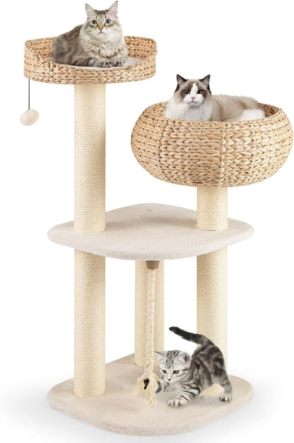 Tangkula Modern Cat Tree, Tall Cat Tower with Natural Sisal Scratching Post, Hand-Made Wicker Cat Condo & Top Perch, Funny Hanging Toy Ball, Cute Cat Tree Tower for Indoor Cats