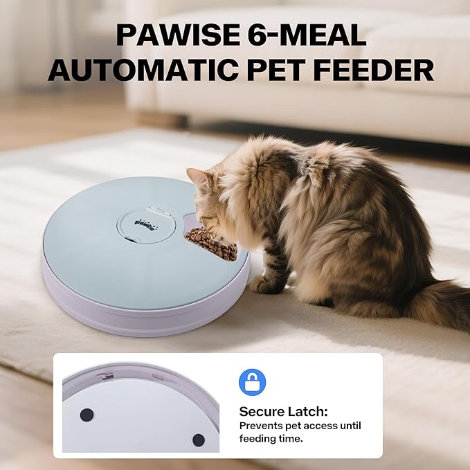 Pawise Automatic Cat Feeder, 6-Meal Programmable Pet Food Dispenser with Bird Chirp Sound Alert, Battery Operated, BPA-Free, Bonus Snack Ball Toy, for Cats & Small Dogs（Batteries Not Included