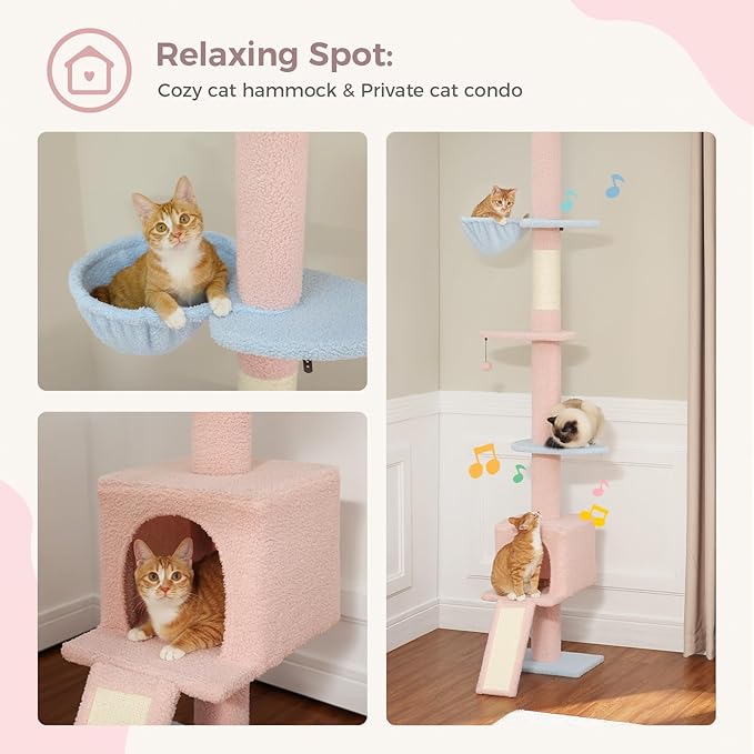 PEQULTI Cat Tree Floor to Ceiling,Tall Cat Tower, Adjustable Height (83''-108'') 5 Tiers Climbing Tree for Indoor Cats with Cat Condo, Scratching Post and Ladder,Pink