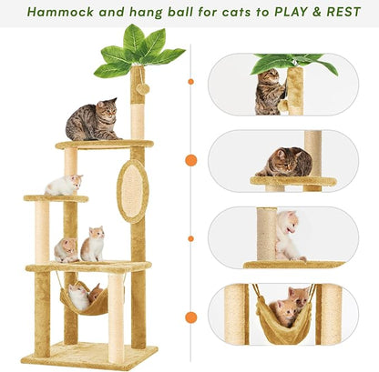 55" Cat Tree for with Green Leaves, Multi-Level Large Cat Tower with Hammock, Plush Cat House with Hang Ball Toy and Sisal Scratching Posts Furniture, Beige