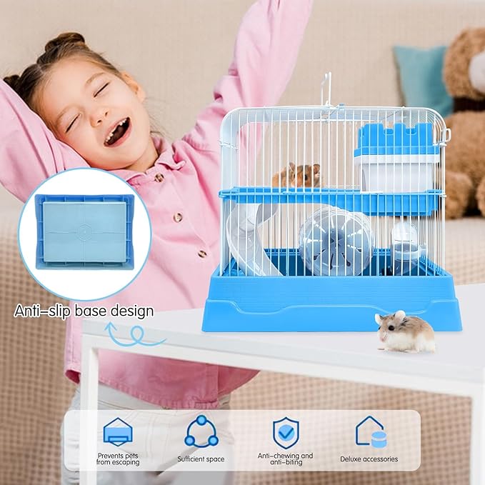 PINVNBY 2-Tier Dwarf Hamster Cage, Travel Portable Mouse Cage Gerbil Cages and Habitats Small Animal Carrier with Castle House Exercise Wheels, Water Bottle and Food Dish(Blue)