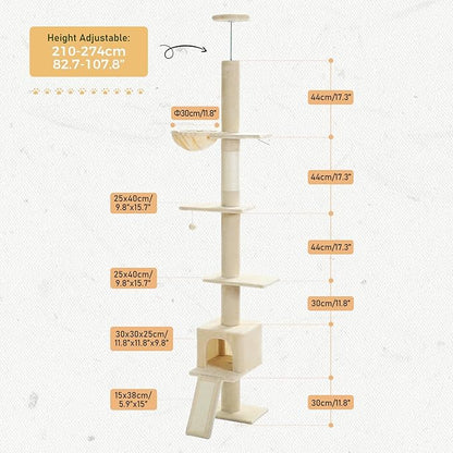 PETEPELA Floor to Ceiling Cat Tree[83"-108"], Cat Tower 5 Levels, Height Adjustable, Cat Scratching Post with Top Perches and Spacious Condo for Large Indoor Cats, Beige