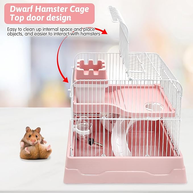 PINVNBY 2-Tier Dwarf Hamster Cage, Travel Portable Mouse Cage Gerbil Cages and Habitats Small Animal Carrier with Castle House Running Exercise Wheels, Water Bottle and Food Dish（Pink）