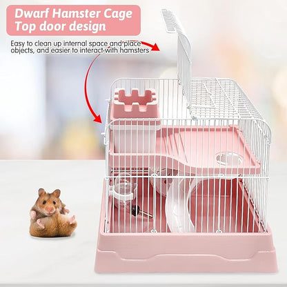 PINVNBY 2-Tier Dwarf Hamster Cage, Travel Portable Mouse Cage Gerbil Cages and Habitats Small Animal Carrier with Castle House Running Exercise Wheels, Water Bottle and Food Dish（Pink）