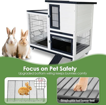 Bunny Hutch Indoor Rabbit Cage Outdoor 2-Story Rabbit House with Urine Guards and 2 Removable Tray for Small Animals