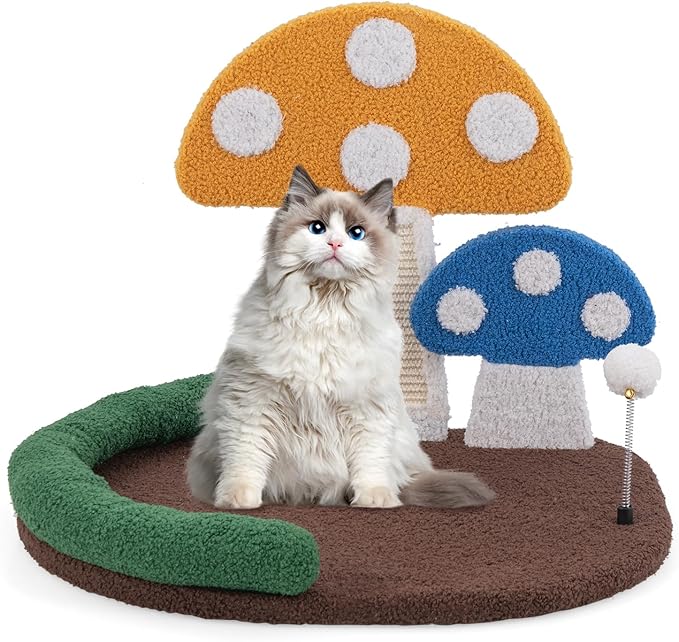 Tangkula Mushroom Cat Bed, Cat Claw Scratcher with Wide Large Platform, Sisal Scratching Panel, Spring Ball, PP Cotton Padded Headrest, Cat Tree House with Interactive Toys for Kittens