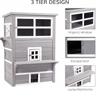 PawHut 3-Story Cat House Feral Cat Shelter, Outdoor Kitten Condo with Raised Floor, Asphalt Roof, Escape Doors, Jumping Platforms, Gray