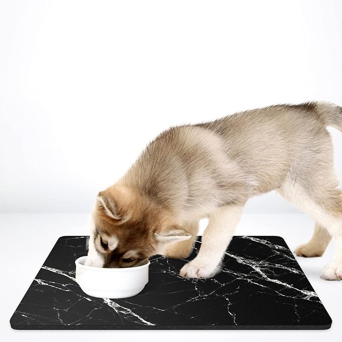 Rnivvi Dog Food Mat, 16" x 24" Marble Absorbent Dog Cat Bowl Mat for Food and Water, Cute Anti-Slip Rubber Pet Feeding Rug Protect Floors, Puppy Placemat for Feeding & Watering Supplies, Black