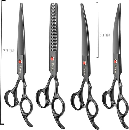 Dog Grooming Scissors Kit, Fcysy Professional Pet Hair Cutting Shears Set with Curved & Straight Blades Scissors Thinning Shears– Stainless Steel Grooming Tools for Dogs & Cats at Home
