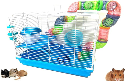 2-Levels Hamster Habitat Home House Rodent Gerbil Mice Rats Animals Critters Cage Expansible and Customizable with Hide House Running Wheel Food Dish Water Drinking Bottle Deep Base
