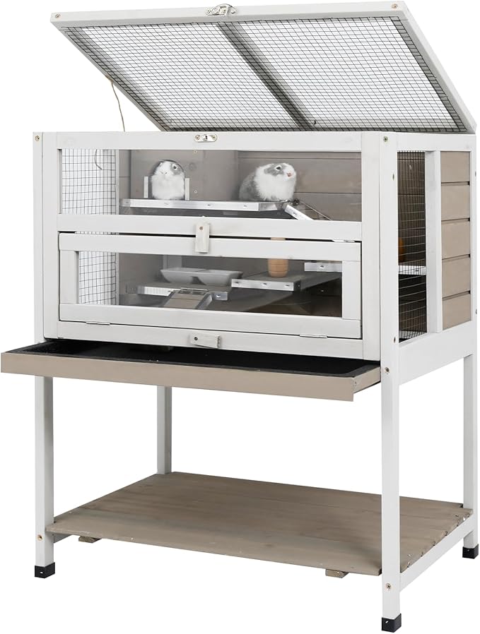 Large Hamster Cages, Easy Clean Hamster Cages and Habitat with Food Bowl, Shelf and Ladder, Wooden Indoor Small Animal Cage with Not Leakage Pull Out Tray (25.6" L X 17.7" W X 30.9”H)