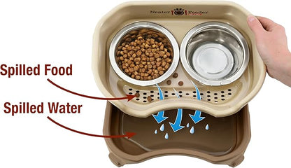 Neater Feeder Express Mess Proof Dog Bowls Elevated for Small Breeds Under 15 Lb, Made in USA, No Spill Raised Dog Food Bowl Stand, Stainless Steel Slow Feed and Standard Water Bowl Set, Cappuccino