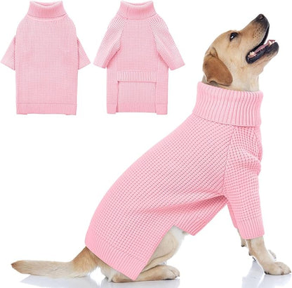 Queenmore Dog Sweaters for Large Dogs, Plaid Large Dog Sweater, Turtleneck Pet KintSweater with Check Pattern, Long Sleeve Holiday Pet Knitwear, Pink L