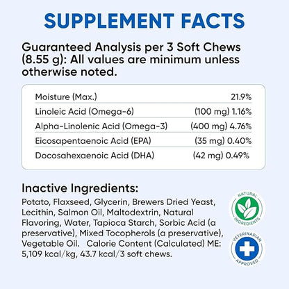 Chews for Dogs, Omega 3 Fish Oil - Dog Coat & Skin Supplement - USA Product - Itch Relief, Hot Spot Treatment - Salmon Oil for Dogs - 120 Soft Treats - Itching Skin Relief, Shedding, Hip & Joint