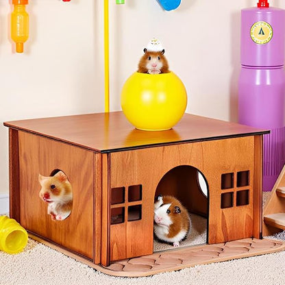 Guinea Pig Houses and Hideouts, Hamster House Hideout, Wooden Small Animal House with Windows, Large Guinea Pig Hideout Castle for Hamsters Small Bunny Chinchillas Playing Hiding
