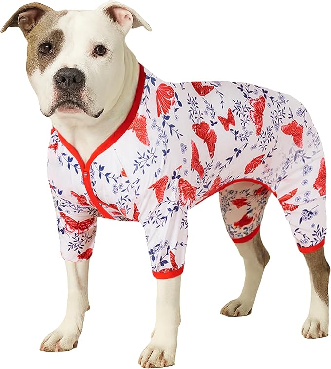 LovinPet Large Dog Bodysuit For Shedding, Pet Anxiety Relief Pajamas, Uv Protection Dog Shirt, Comfy Stretchy Fabric, White Butterfly Print, Pajamas for Pitbulls, Pitbull Clothes For All Seasons,Large