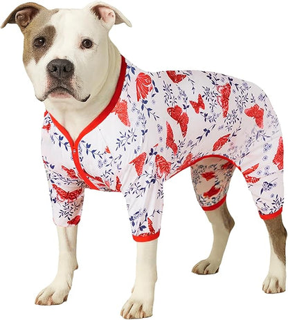 LovinPet Large Dog Bodysuit For Shedding, Pet Anxiety Relief Pajamas, Uv Protection Dog Shirt, Comfy Stretchy Fabric, White Butterfly Print, Pajamas for Pitbulls, Pitbull Clothes For All Seasons,Large