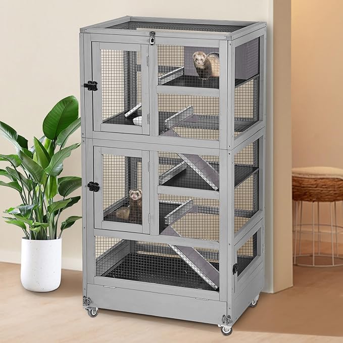 Large Ferret Cage, Chinchilla Cage with 5 Levels, Wooden Guinea Pig Cages with Wheels, Small Animal Cages with Ramp, Hideout, Pull Out Tray, for Rat, Hamster, Hedgehog