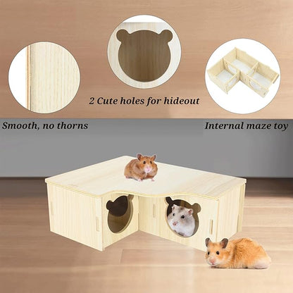 Multi-Chamber Hamster House Maze, 3-Room Hideouts, Wooden Hamster Maze & Tunnel Exploring Toys, Dwarf Hamster House Habitats Decor for Hamster Mice Gerbils Lemmings