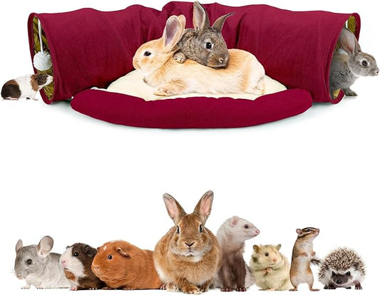 BWOGUE Bunny Tunnel Bed, 2-in-1 Collapsible Tunnel Tubes Toys with Removable Mat Hideout for Cats Kittens Rabbits Guinea Pigs Kitty