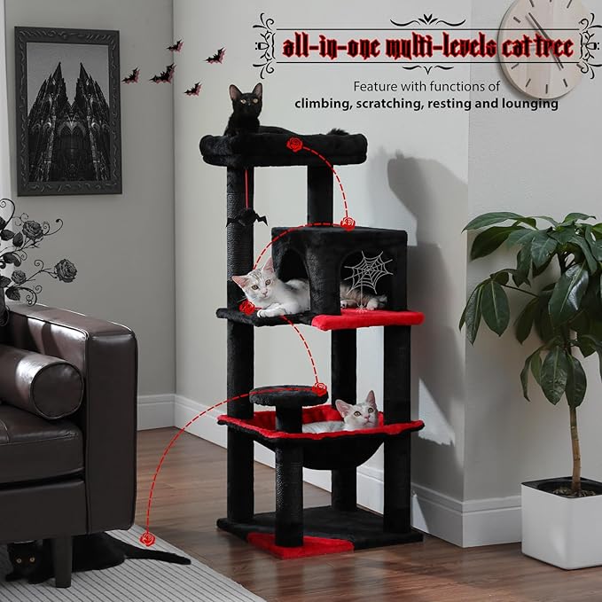 PEQULTI 45.7'' Gothic Cat Tree for Indoor Cats with Metal Frame Big Hammock, Cat Tower for Small or Medium Cats with Cat Condo House, with Scratching Posts and Top Perch, Black