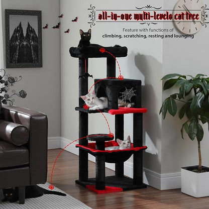 PEQULTI 45.7'' Gothic Cat Tree for Indoor Cats with Metal Frame Big Hammock, Cat Tower for Small or Medium Cats with Cat Condo House, with Scratching Posts and Top Perch, Black