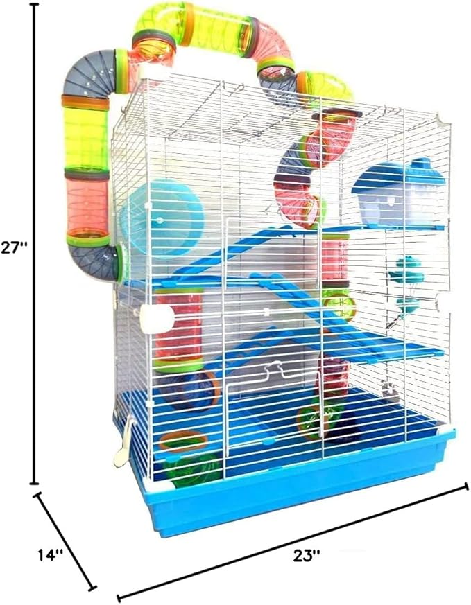 Large 5-Floors Blue Hamster Mansion Habitat Home House Cage Paw Safe Solid Platform with Hide House Running Excerise Wheel Food Bowl Water Bottle Deep Base