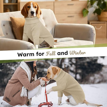 Queenmore Large Dog Sweater, Plaid Dog Sweaters for Large Dogs, Turtleneck Pet KintSweater with Check Pattern, Long Sleeve Holiday Pet Knitwear, Solid, Apricot L