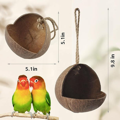 Natural Coconut Bird Nest,Hanging Coco Birds House Habitats Decor,Parrots Coconut Shell Nest Hideout with Grinding Beak Toys,Bird Cage Accessories Coconut for Canary Lovebird Cockatiel