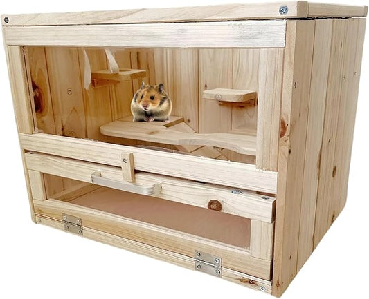 Wooden Hamster Cages and Habitats, Small Animal Habitat with 2 Openable Door for Guinea Pig, Gerbil, Chinchilla, Dwarf, Hedgehog, Squirrel, Chew Resistant, Dwarf Syrian Hamsters