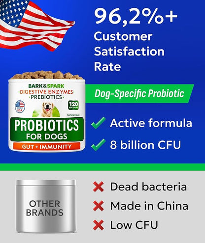 BARK&SPARK Dog Probiotics for Digestive Health w/Enzymes - Diarrhea Gas Treatment Upset Stomach Relief - Allergy & Itchy Skin - Pet Probiotics for Dogs - Digestion Supplement Treat (120Ct Chicken)