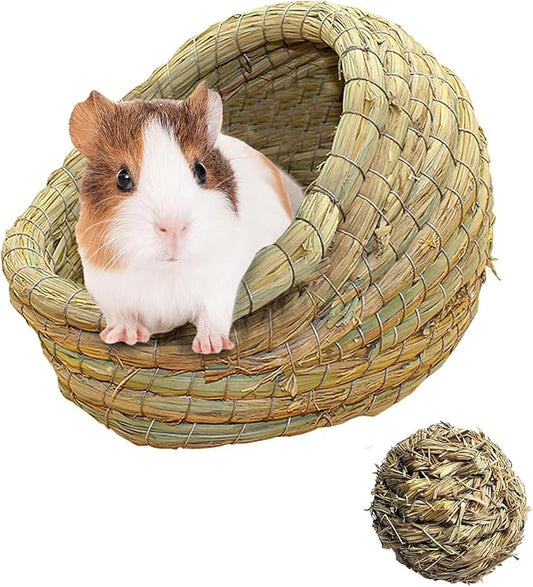 kathson Guinea Pig Grass House Guinea Pig Hideout Bunny Woven Hay Bed Hand Woven Natural Grass House for Hamster Bunny and Small Animals with Hay Chew Balls Toys(Small)