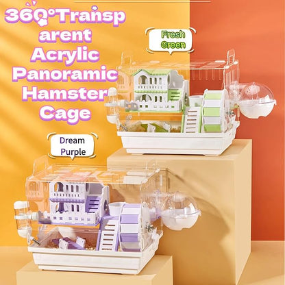 Large Acrylic Hamster Cage14.6x10.2x12.6in-Multi-Level Habitat for Dwarf/Syrian Hamsters-Mice (Ventilated Top-Removable Base) Expandable Small Animal Enclosure (Green Hamster Cage, 14.6x10.2x12.6)