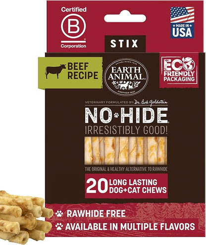 Earth Animal No-Hide Stix Beef Recipe Natural Rawhide Alternative Dog & Cat Chews - 20 Count Value Pack