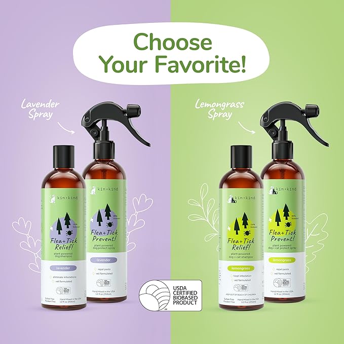 kin+kind Flea and Tick Spray and Shampoo Kit- Shampoo and Spray Set- Shampoo for Dogs, Spray for Dogs- for Tick and Flea Control Shampoo and Repel Spray- Lavender, 12 oz Each