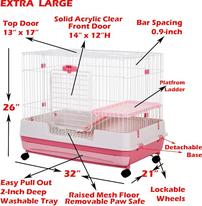 Pink XLarge 2-Level Indoor/Outdoor Small Animal Rabbit Habitat Cage Guinea Pig Hedgehog Ferret Chinchilla with Solid Platform & Ramp Large Access Doors