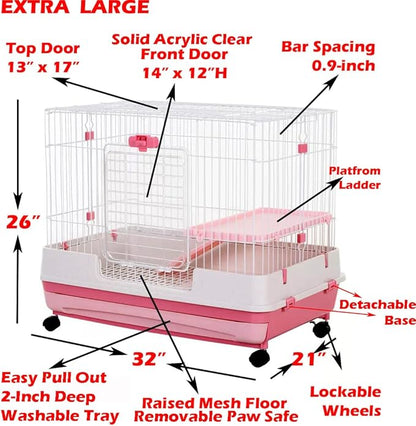 Pink XLarge 2-Level Indoor/Outdoor Small Animal Rabbit Habitat Cage Guinea Pig Hedgehog Ferret Chinchilla with Solid Platform & Ramp Large Access Doors
