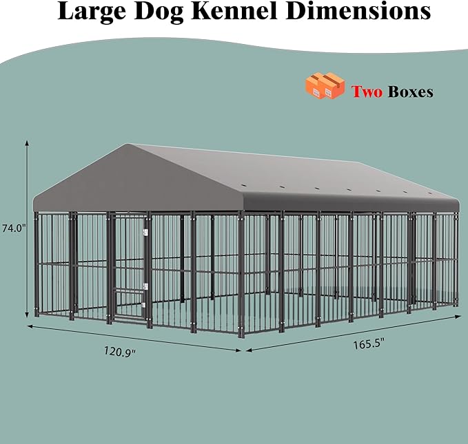 Large Dog Kennel Outside 10X14FT Heavy Duty Dog Cage with Feeding Door, Outdoor Dog Run with Roof and Double Safety Locks for Pets Enclosures