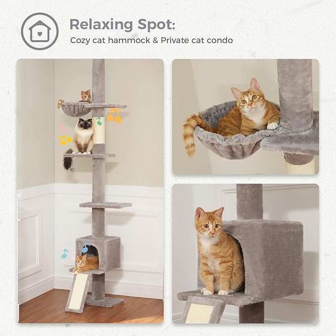 PETEPELA Floor to Ceiling Cat Tree[83"-108"], Cat Tower 5 Levels, Height Adjustable, Cat Scratching Post with Top Perches and Spacious Condo for Large Indoor Cats, Dark Grey