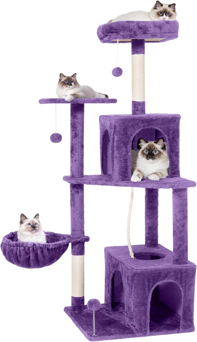 Cat Tree, 54-Inch Cat Tower for Indoor Cats,Plush Multi-Level Cat Condo with Scratching Posts, Basket, Perches,2 Caves,2 Pompoms(Purple)