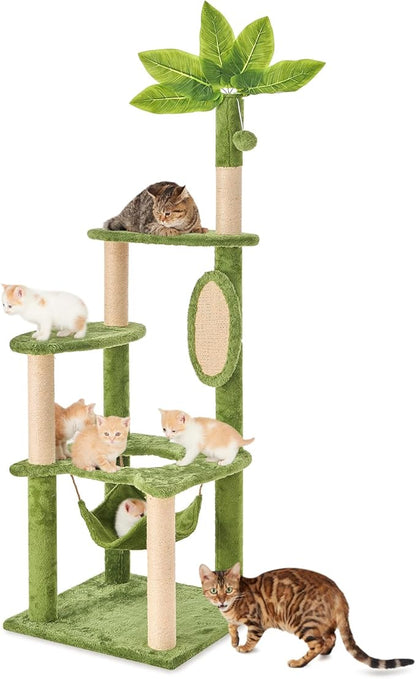 55" Cat Tree for with Green Leaves, Multi-Level Large Cat Tower with Hammock, Plush Cat House with Hang Ball Toy and Sisal Scratching Posts Furniture, Green