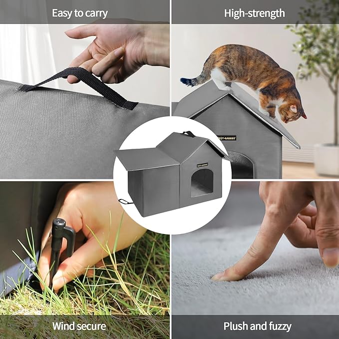 Rest-Eazzzy Outdoor Cat House, Feral Cat House Insulated with Mat and Clip, Weatherproof and Insulated, Cat Beds for Cats Kittens Puppies, Never Blow Away (Grey, M 13" X 17" X 20")