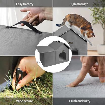 Rest-Eazzzy Outdoor Cat House, Feral Cat House Insulated with Mat and Clip, Weatherproof and Insulated, Cat Beds for Cats Kittens Puppies, Never Blow Away (Grey, M 13" X 17" X 20")