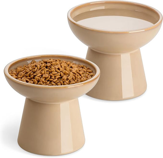 vancasso Ceramic Elevated Cat Bowls 2-Pack - 6.2" Extra Wide Raised Cat Food & Water Dishes, 5.1" Optimal Height Anti-Whisker Fatigue Shallow Bowls for Cats/Kittens/Dogs, Lead & Cadmium Free (Brown)