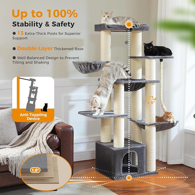 67" Heavy Duty Cat Tree for Indoor Cats Large Adult, XXL Cat Tower with 13 Thick Scratching Posts (φ4.3), Large Perch, Spacious Condo & Big Hammock - for Maine Coon up to 20 lbs, Grey