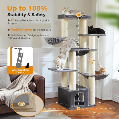 67" Heavy Duty Cat Tree for Indoor Cats Large Adult, XXL Cat Tower with 13 Thick Scratching Posts (φ4.3), Large Perch, Spacious Condo & Big Hammock - for Maine Coon up to 20 lbs, Grey
